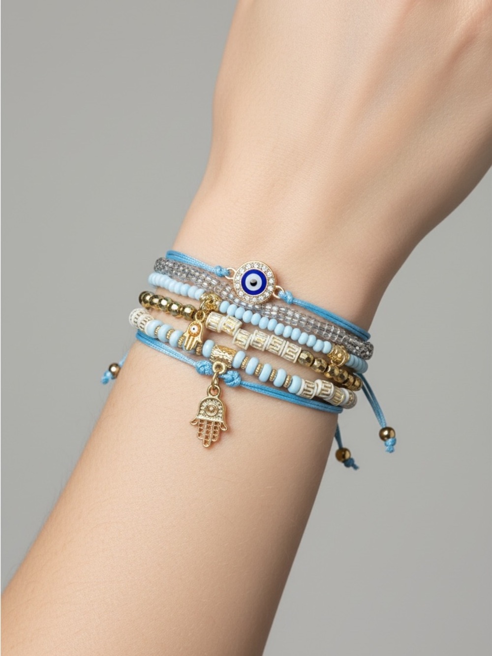10/7 Blue Beaded Hamsa & Evil Eye Wrap Bracelet